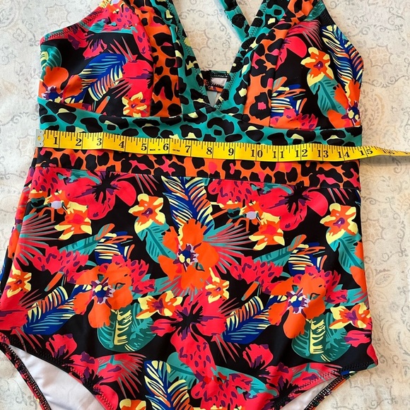 Red and Orange One Piece Swimsuit with‎ Plunging V-Neck - Picture 4 of 11